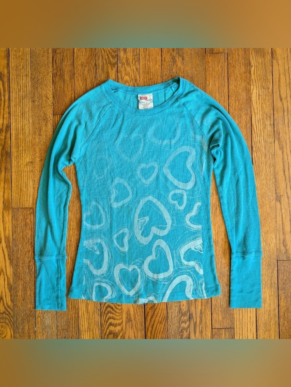 Vintage Y2k Roxy Heart Print Thermal Waffleknit Long Sleeve Shirt